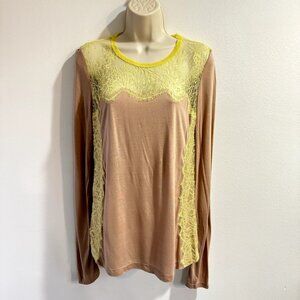BCBGMaxazria Shirt Gabriela S Long Sleeve Tan Neon Green Lace Blouse Stretch